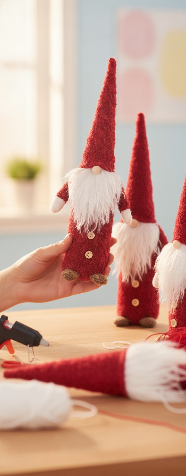 Maßvergleich: Rote Weihnachtsdekofigur in der Hand neben Bastelutensilien