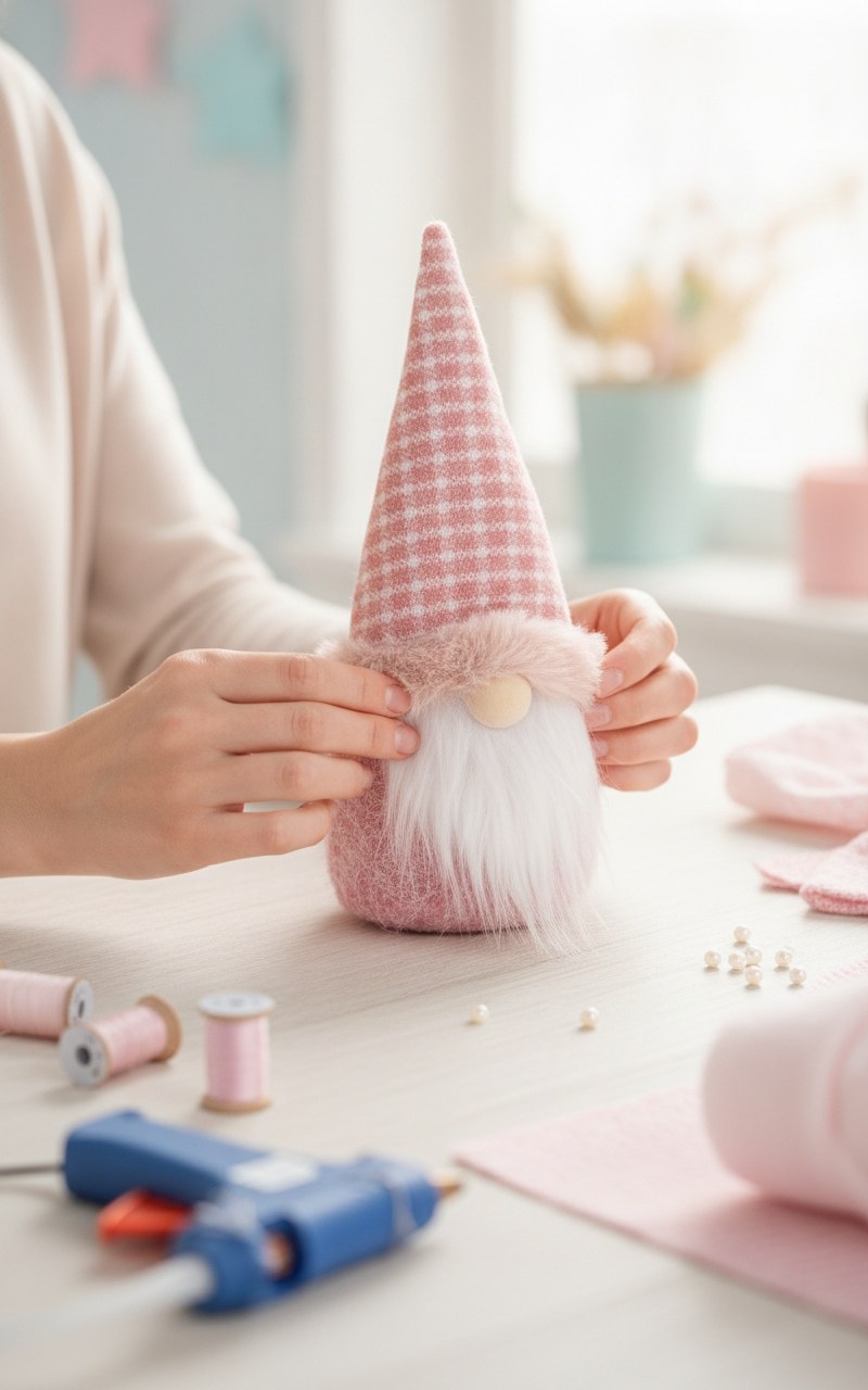 Kompakter rosa Wichtel in Händen als DIY Weihnachtsdeko