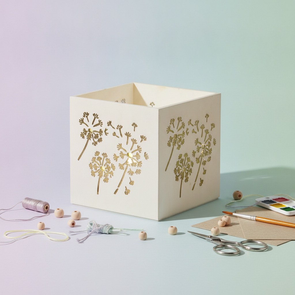 Quadratisches Pappelholz-Windlicht mit Laserstich-Pusteblumen-Motiv für warmen Lichteffekt