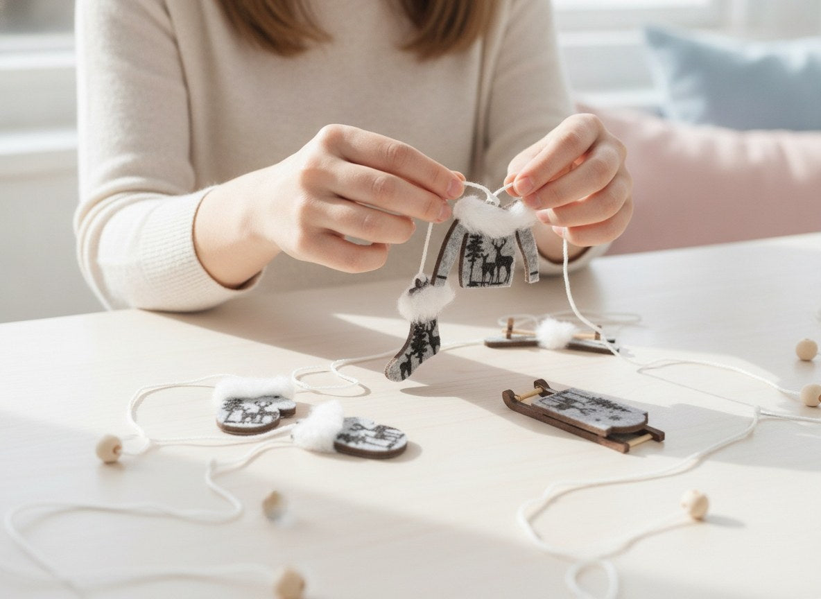 Gros plan ornement en feutre gris motif cerf avec bordure en peluche blanche sur cordon