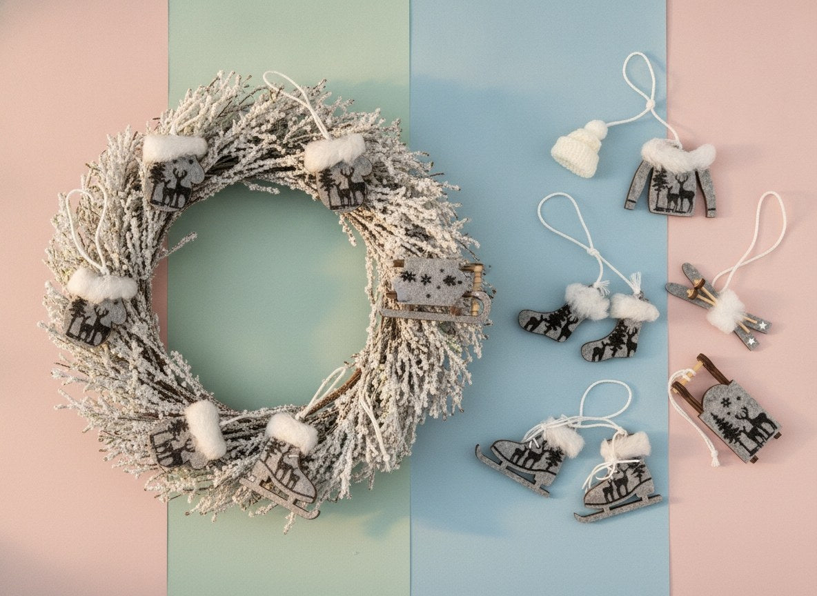 Ensemble déco hiver gris en feutre, motif cerf et forêt sur couronne enneigée