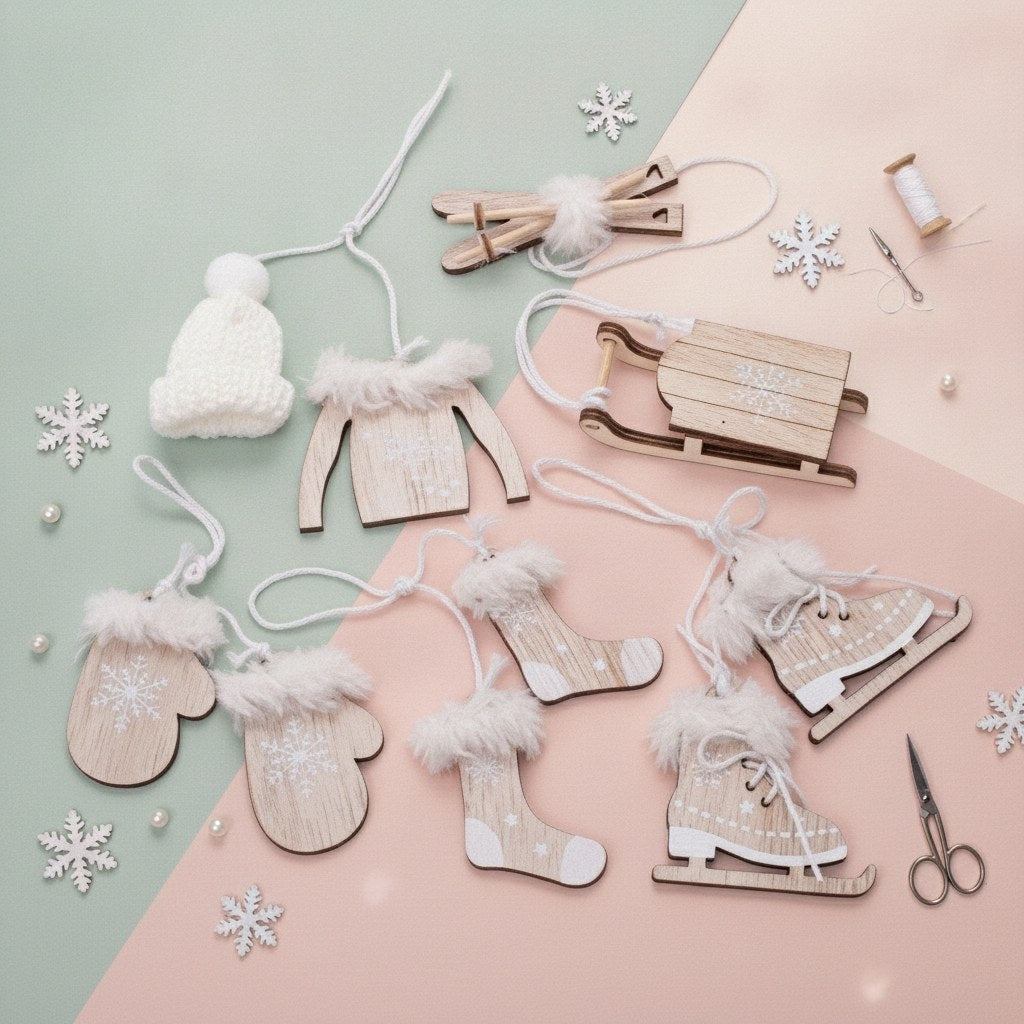 10-teiliges Winterhänger-Set aus naturfarbenem Holz mit weißem Flauschbesatz, Skischaufel und Schlitten