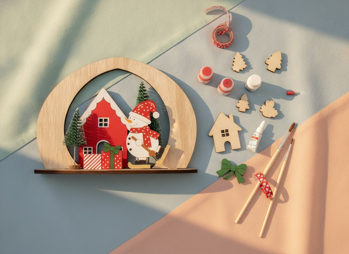 DIY Winterlandschaft Deko im Holzrahmen mit Schneemann und rotem Haus, Bastelutensilien für Weihnachtsdeko