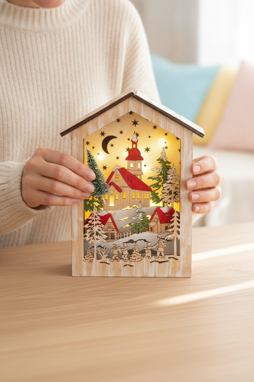 Winterlandschaft m. LED, Timer Haus,17x5x23cm, 2-fach sort. - Kidis Art