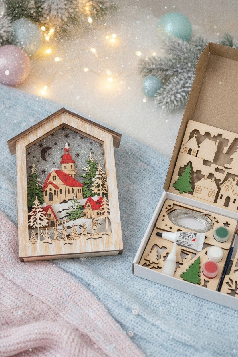 Winterlandschaft m. LED, Timer Haus,17x5x23cm, 2-fach sort. - Kidis Art
