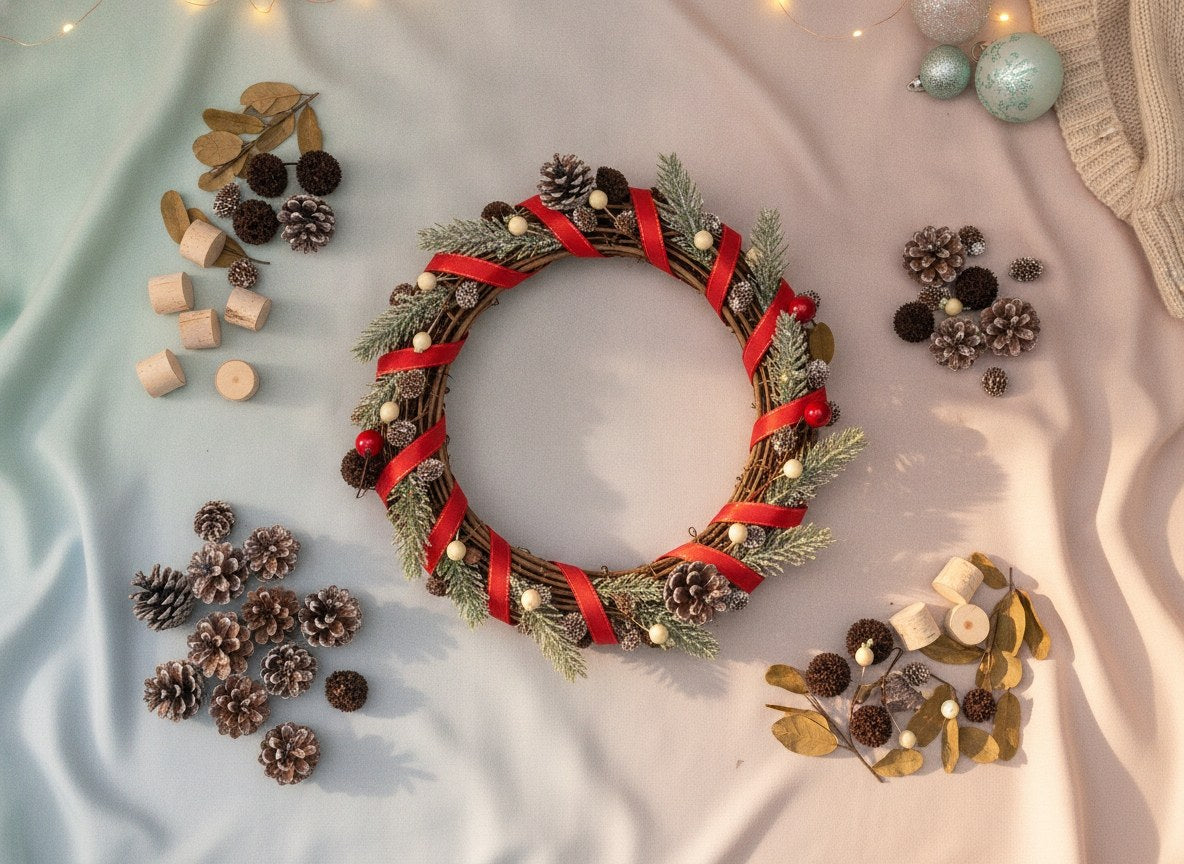 Adventskranz Deko mit Zapfen, Beeren und Satinband