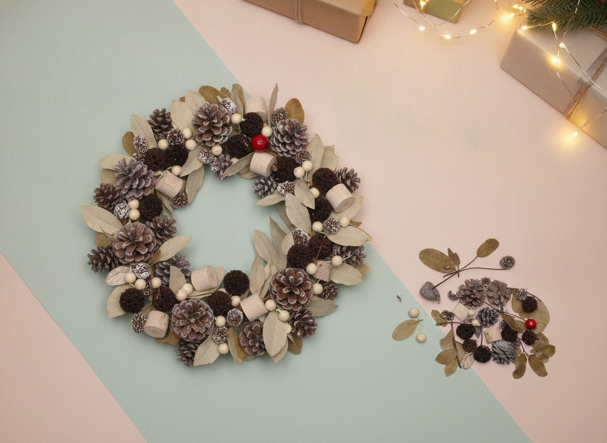 Weihnachtskranz aus Zapfen und Beeren als festliche Tischdeko mit Geschenkboxen