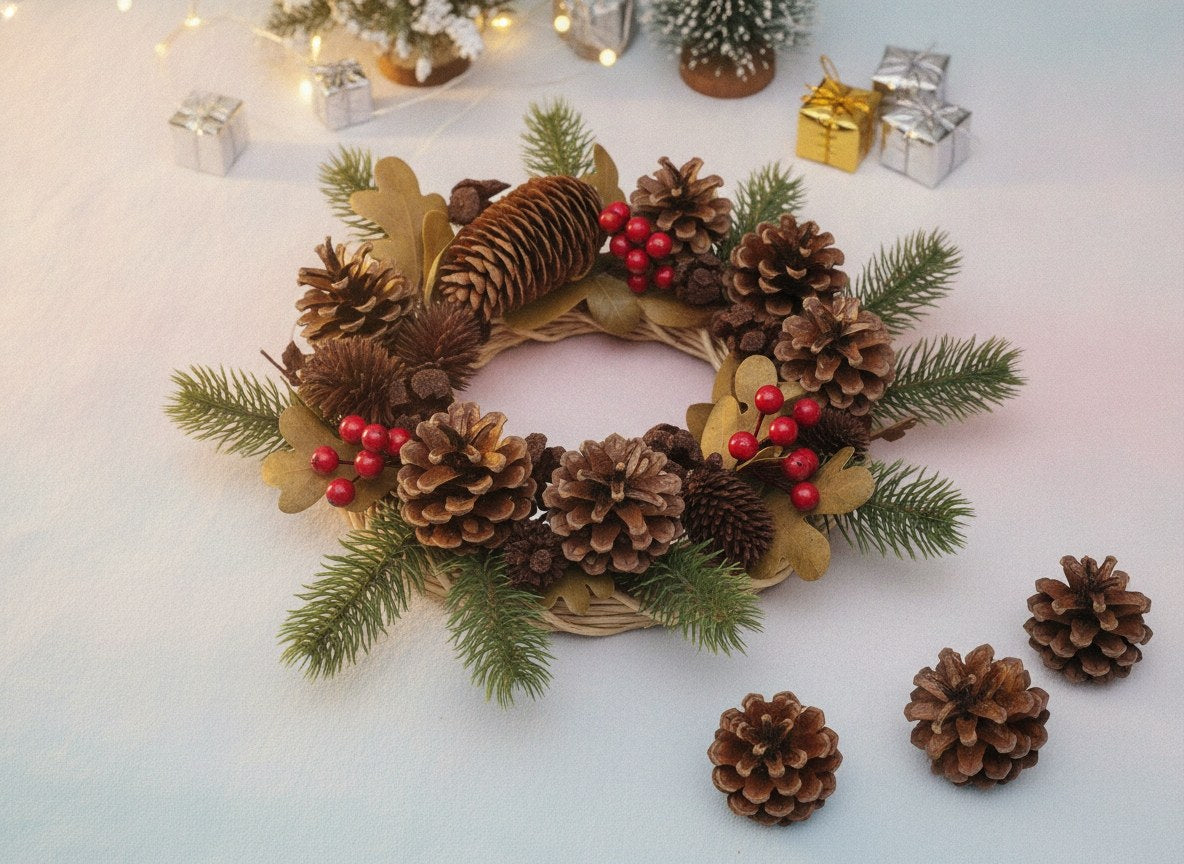Adventskranz aus Ruten dekoriert mit Zapfen-Mix, goldenen Eichenblättern und Beeren