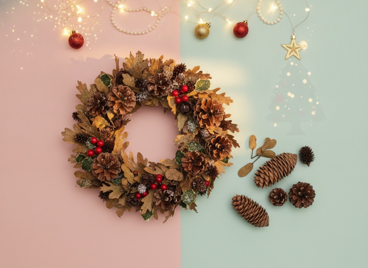 Weihnachtsdeko Zapfen Mix Set mit geflochtenem Eichenkranz und Lichterkette