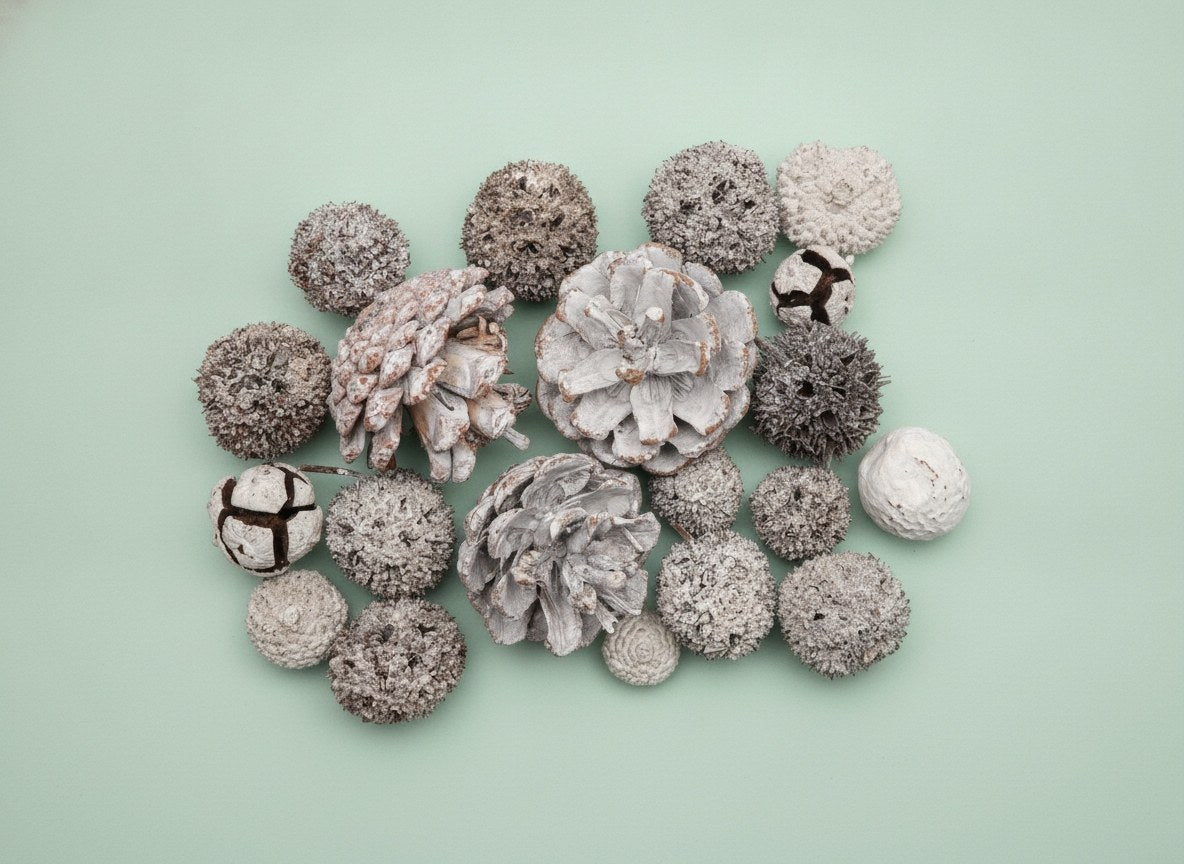 Arrangement frostiger grauer Tannenzapfen und Naturbastelmaterialien auf Mintgrün