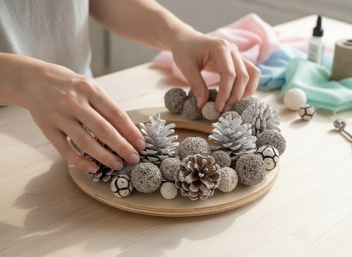 DIY-Anleitung: Graue gewaschene Zapfen auf Holzring für Weihnachtsdeko kleben