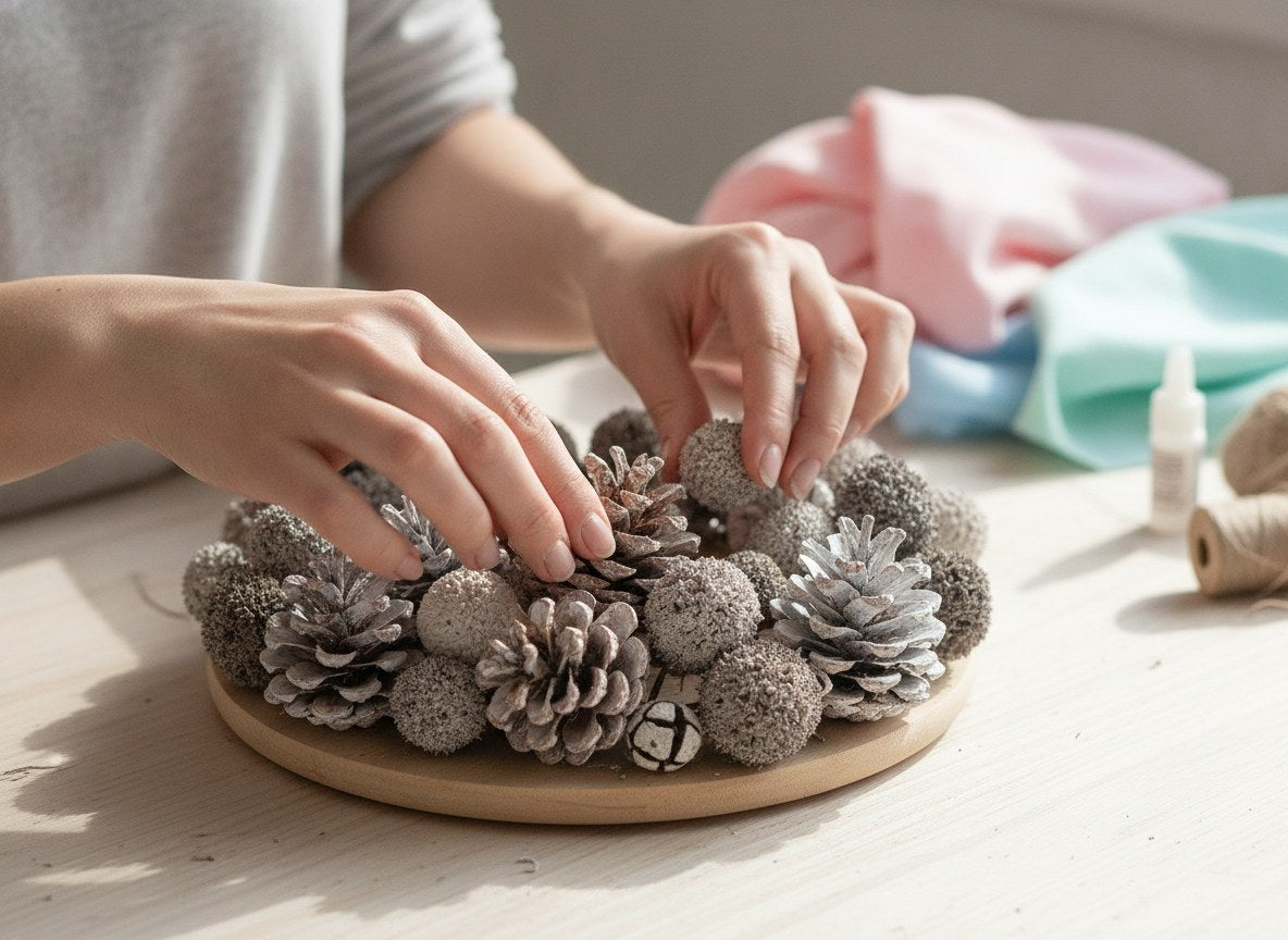 Hände arrangieren gewaschene Tannenzapfen und Naturkugeln auf Holzsockel für Winterdeko Bastelprojekt