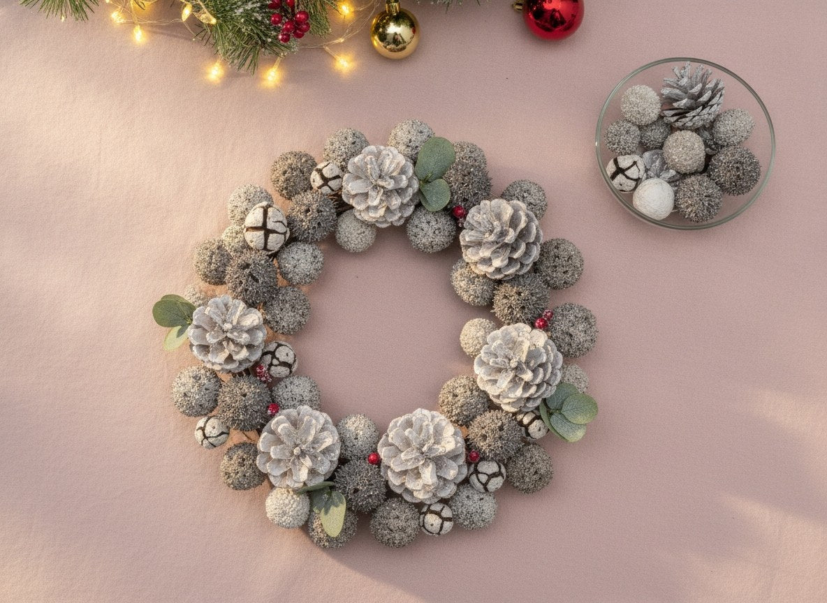 Adventskranz aus grauen Zapfen und Naturkugeln dekoriert mit grünen Blättern und roten Beeren