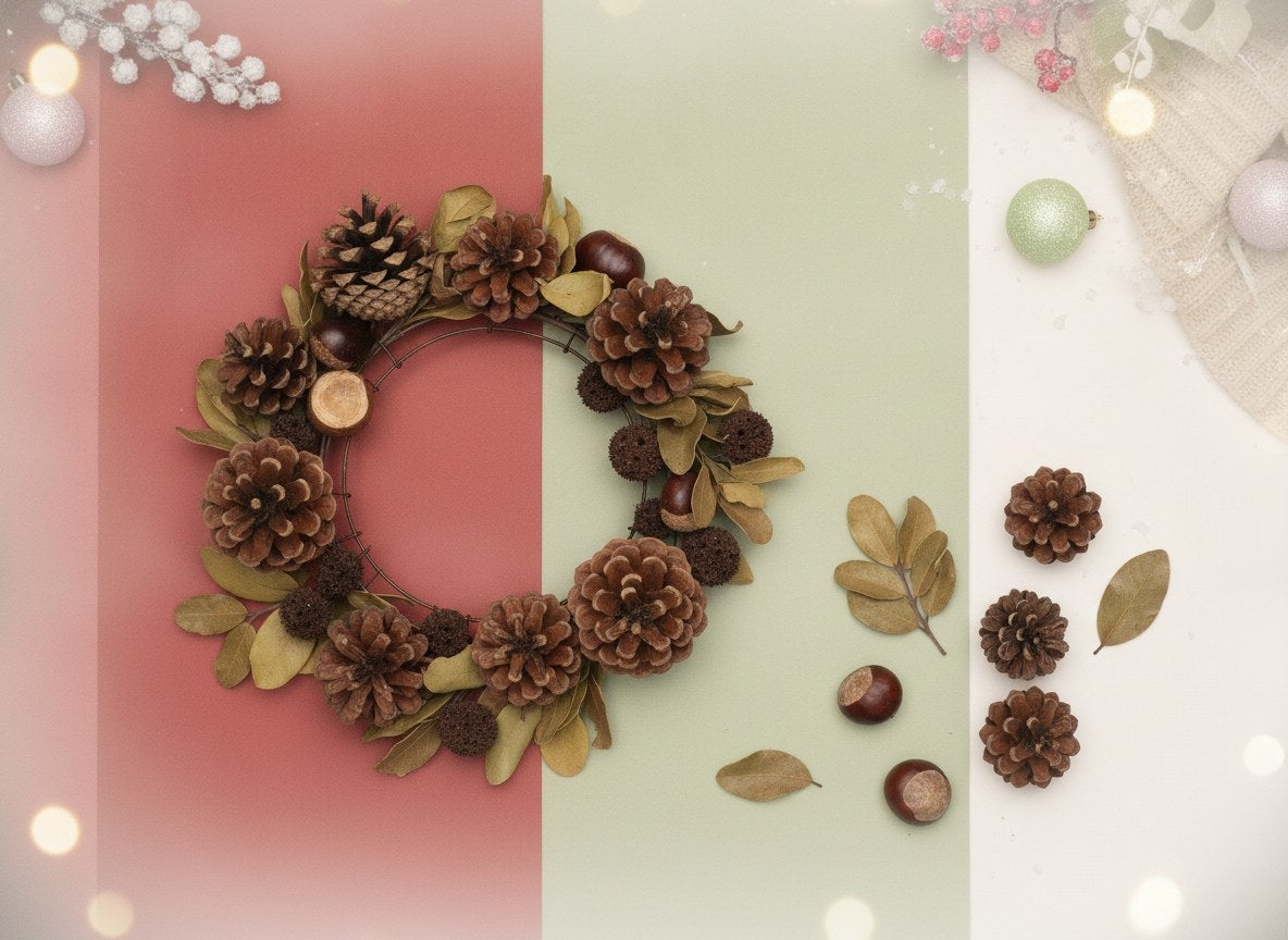 Tannenzapfen und Kastanien Weihnachtsdeko auf rosa-grünem Hintergrund