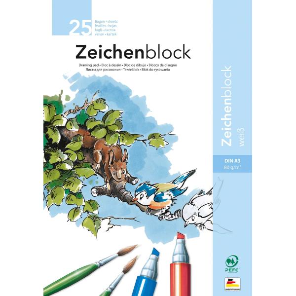 Zeichenblock, 80g/m², DIN A3 25 Blatt, weiß - Kidis Art